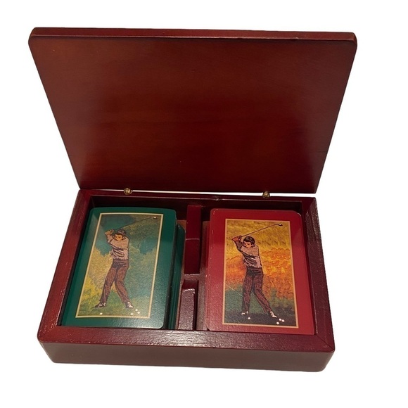 Dual Set of Playing Cards in Rosewood Box with Lid and Golf Ball Design on Box - Picture 2 of 12